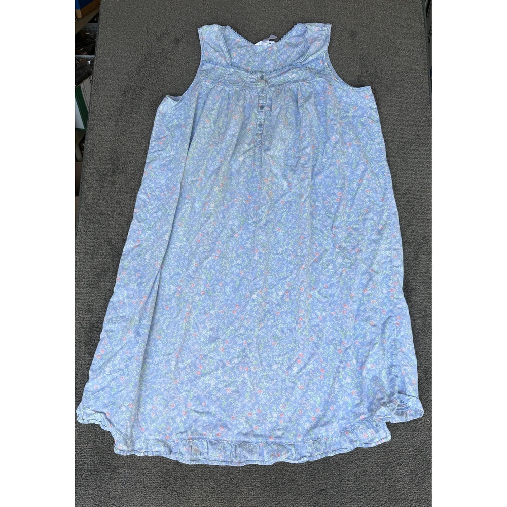 Adonna Sleepwear Blue Floral Cotton Nightgown XXL Sleeveless Ruffle Hem Crochet